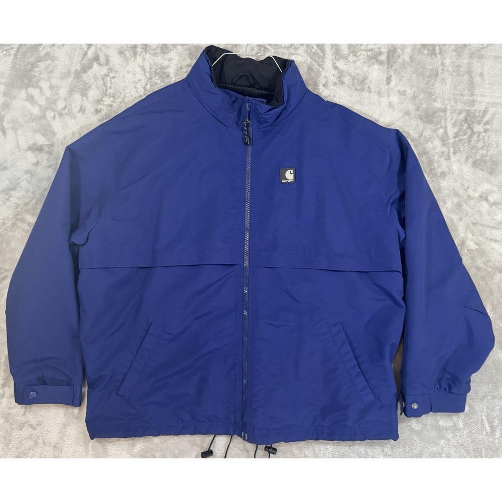 VTG Carhartt Rain Jacket Mens XL Blue Full Zip Squall Mesh Lined Hideaway Hood